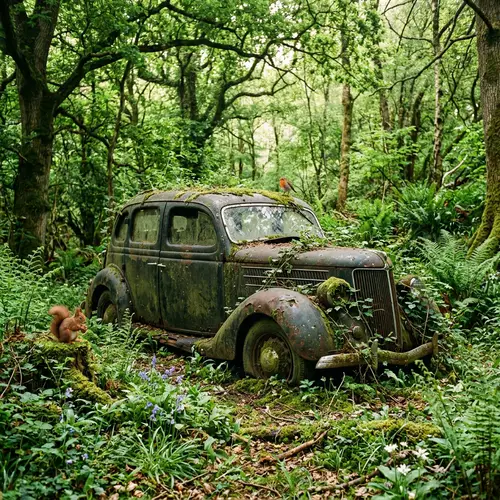 Abandoned Vintage Car in Lush Forest - Captivating Scene