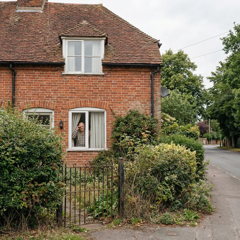 Charming Brick House with Man at Window and Gate Nearby