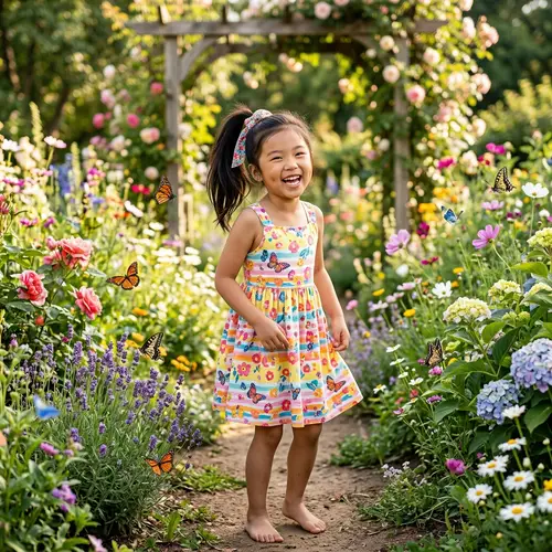 Cheerful Young Girl with Sparkling Eyes in Colorful Sundress