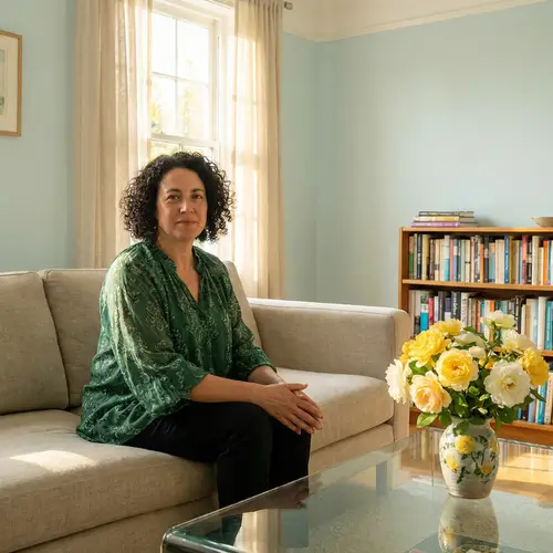Stylish Woman Seated on Couch in Beautifully Lit Room