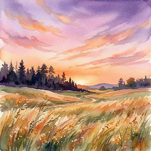 Dreamy Sunset Landscape in Watercolor Style