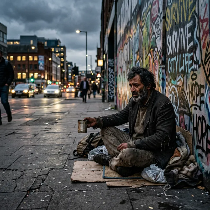 Homeless Man on City Sidewalk Homeless Man on City Sidewalk