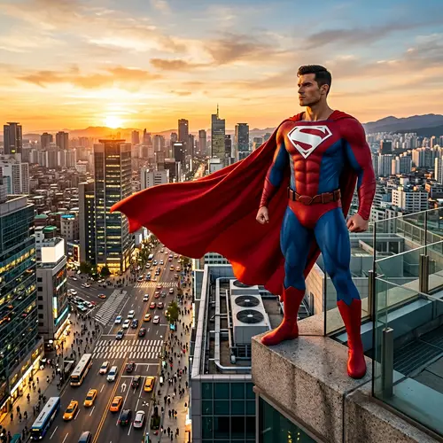 Superhero Overseeing the City at Sunset