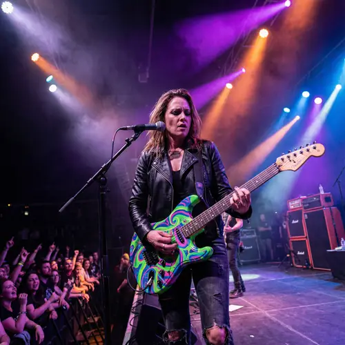 Captivating Woman Rocking the Stage with Guitar in Vibrant Neon Colors