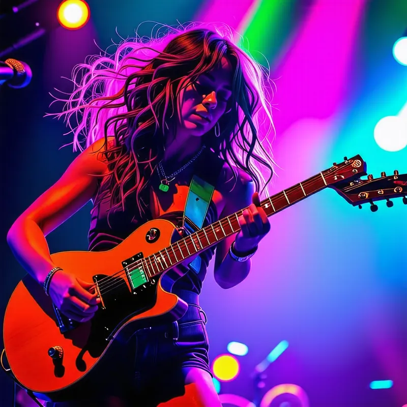 Captivating Woman Rocking the Stage with Guitar in Vibrant Neon Colors