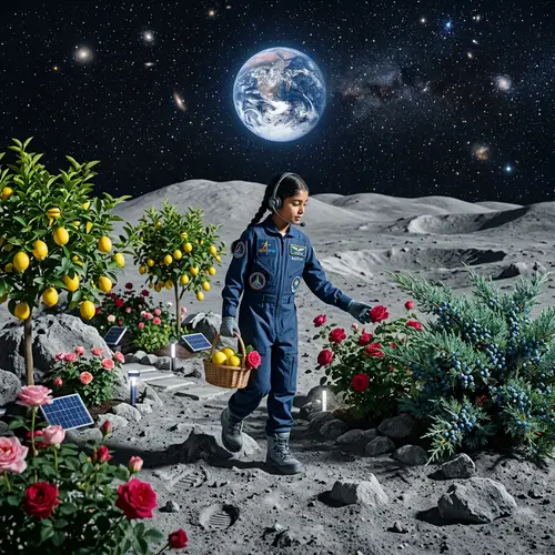 Dreamlike Lunar Garden with Lemons, Roses, Juniper & Girl