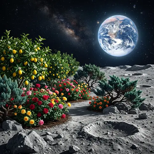 Surreal Moon Garden: Lemon Trees, Roses, and Junipers