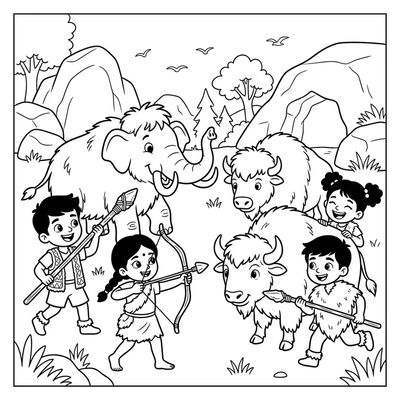 Prehistoric Kids Coloring Page: Mammoth, Bison, and Hunter Sketch
