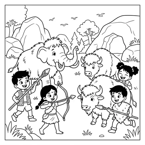 Prehistoric Children's Coloring Book Page: Mammoth & Bison Hunt