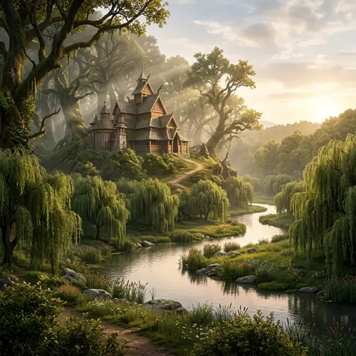 Ethereal Forest Temple by a Winding River