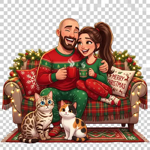 Christmas Pixar Art: Couple and Cats in Pajamas