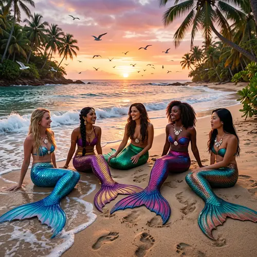Beautiful Mermaids on a Beach - Ethnically Diverse Tails & Scenery