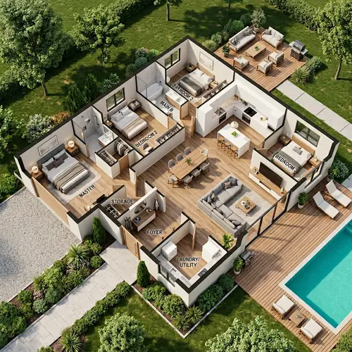 Modern 3 Bedroom 3D House Planning Ideas