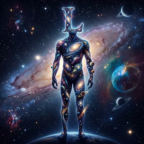 Cosmic Human Figure Tapestry | Radiant Stars & Planets