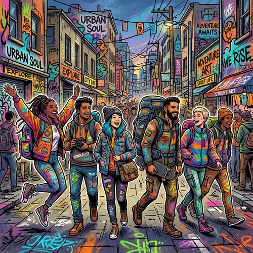 Energetic Travelers in Vibrant Graffiti Style Urban Adventure