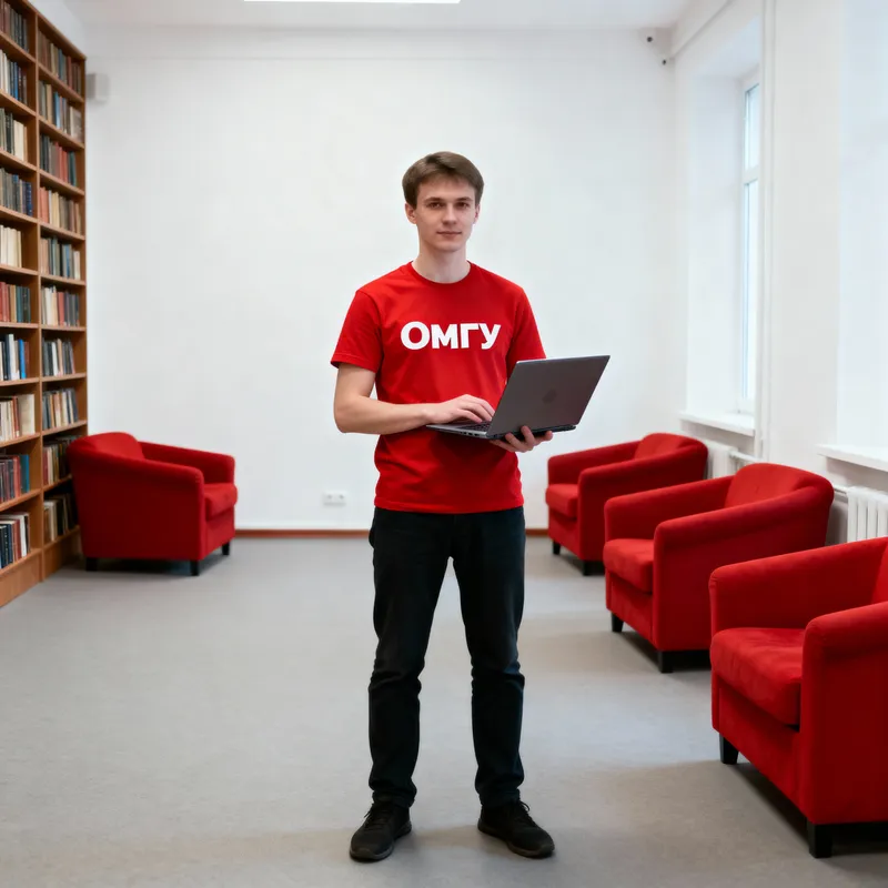Young Programmer in Red Shirt with Laptop