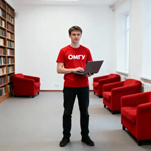 Young Programmer in Red Shirt with Laptop