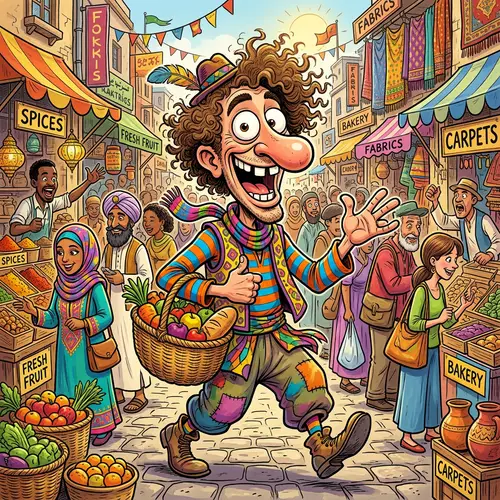 Colorful Cartoon Character in Market Scene - Fun Illustration