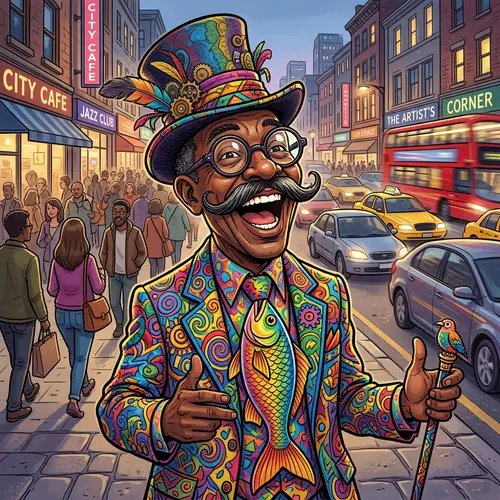 Colorful Middle-Aged Black Male Caricature with Comical Mustache