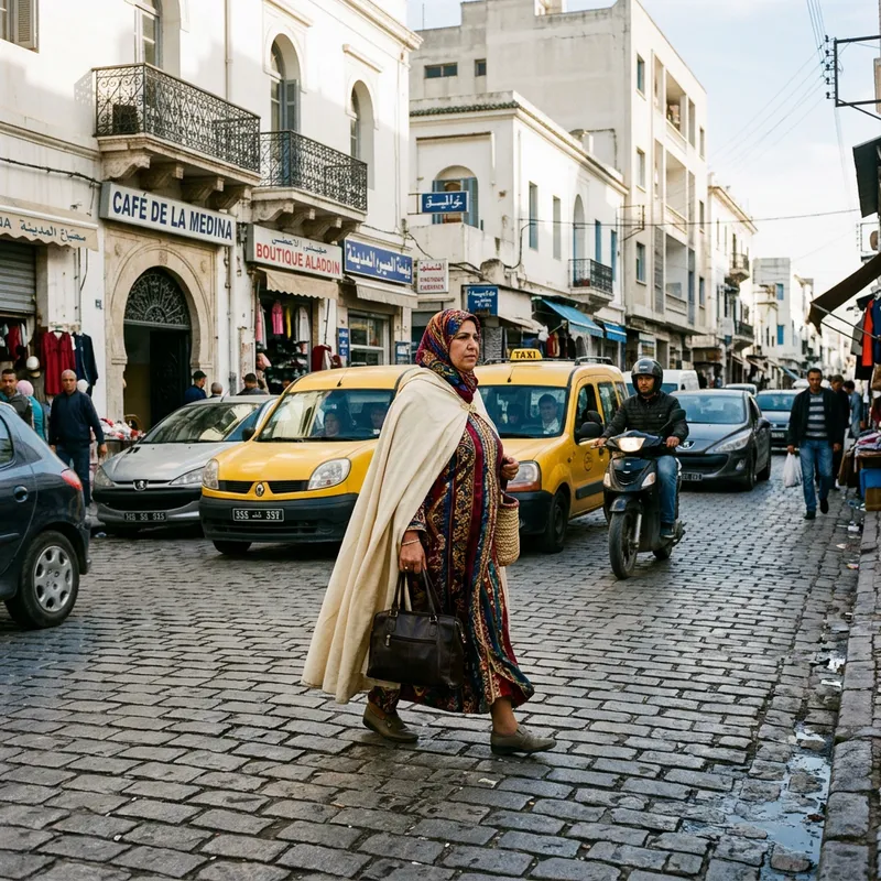 Tunisian Woman Crossing Urban Street | Vibrant Cultural Scene