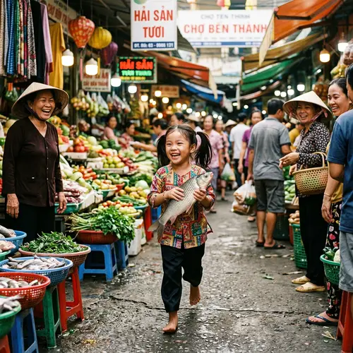 Joyful Vietnamese Child with Fish in Bustling Market