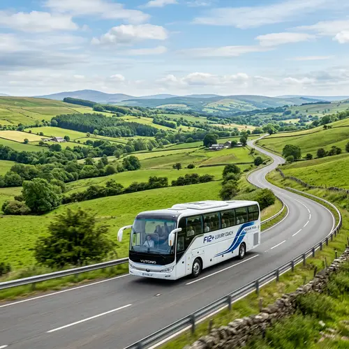 Luxurious Yutong F12+ Bus Traveling Across Rolling Hills