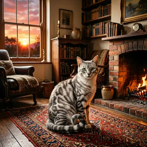 Exotic Light Ash Grey Domestic Cat on Oriental Rug