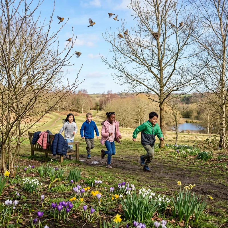 March: Outdoor Scene with Sunny Days, Birds, Kids Playing