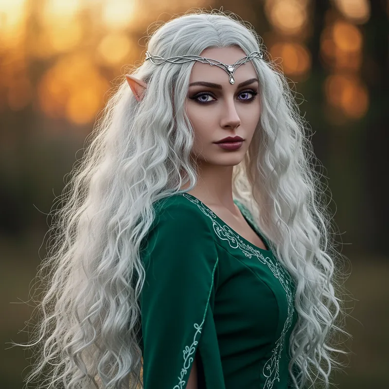 Elven Woman with Dark-Purple Eyes and White Hair