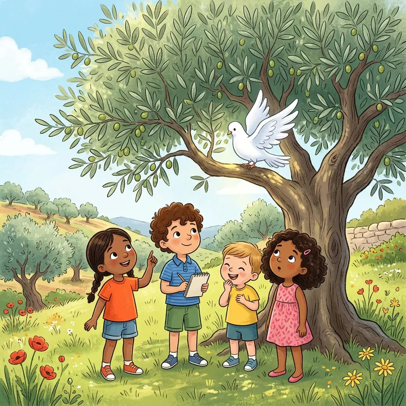 Cartoon Kids Under Olive Tree with Dove