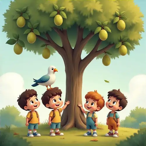 Cartoon Kids Under Olive Tree with Dove