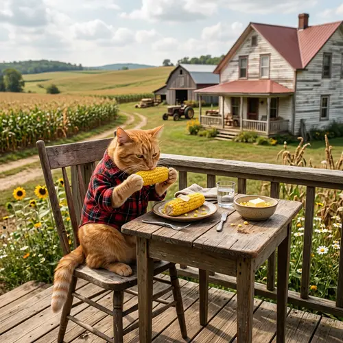 Cute Orange Cat Eating Corn on Farm