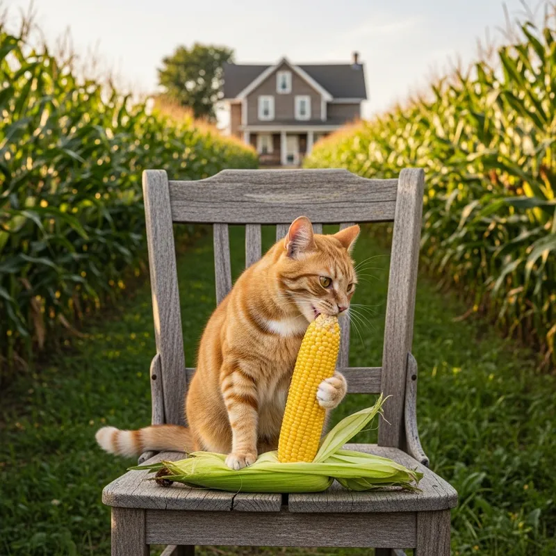 Cute Orange Cat Eating Corn on Farm
