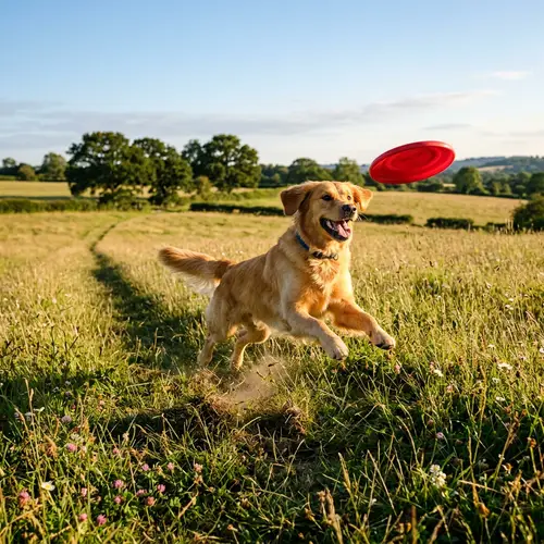 Cheerful Golden Retriever Playing in Sunlit Field