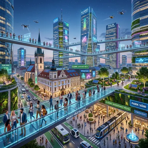 Futuristic Cityscape of Kladno: Multicultural City Life & High-Tech Gadgets