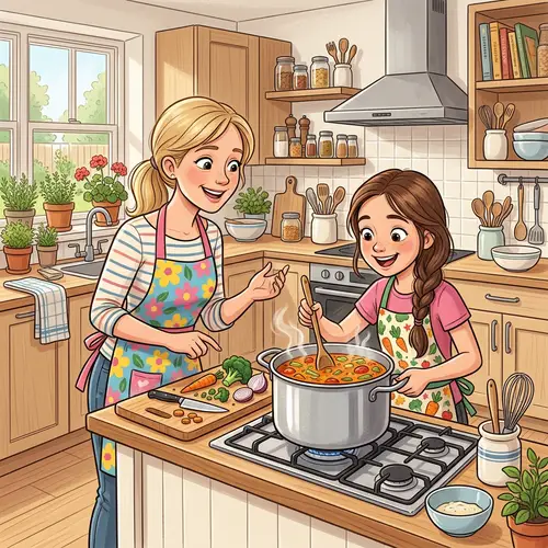 Cartoon Drawing of Blonde Mother and Brunette Daughter Cooking Together