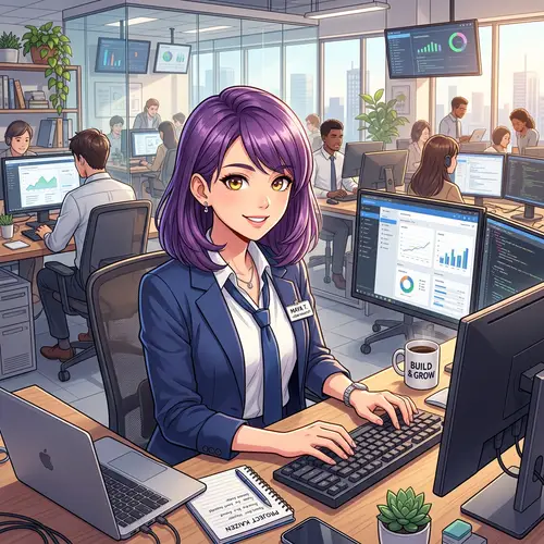 Professional Woman with Purple Hair in Anime Style | Office Setting