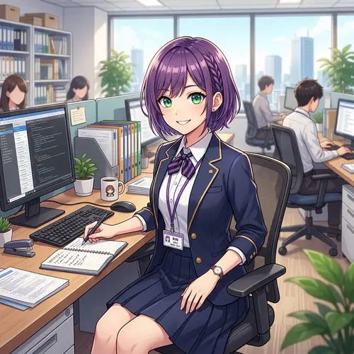 Professional Anime Art: Purple-haired Girl in Office Setting