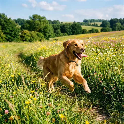Happy Golden Retriever Frolicking in Vibrant Meadow