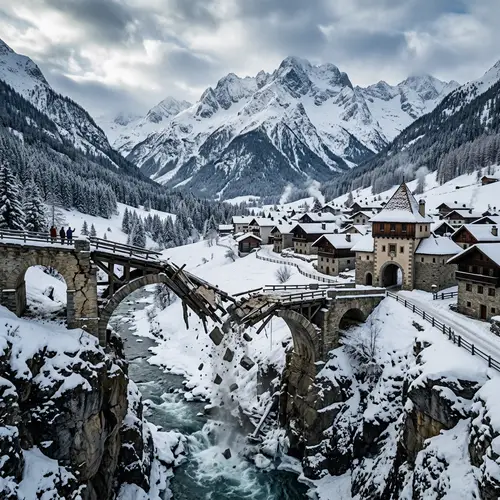 Scenic Breakdown: Mountain Bridge with Snowy Houses