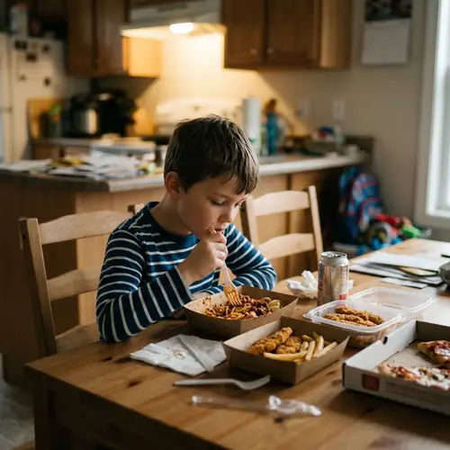 Young Boy Enjoys Restaurant Food Alone at Home