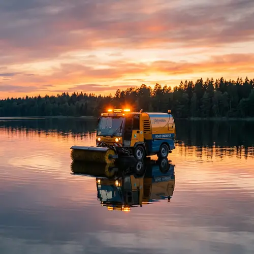 Surreal Road Sweeper on Serene Lake