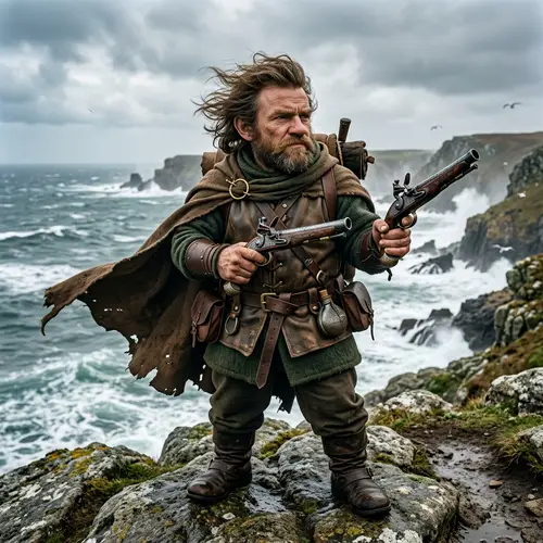 Wind-Swept Brown Hair Gnome with Flintlock Pistols
