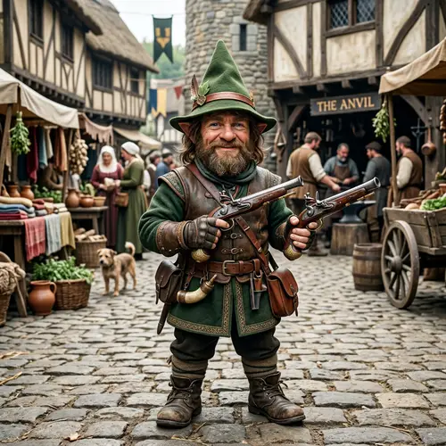 Medieval Gnome with Brown Hair and Powder Pistols
