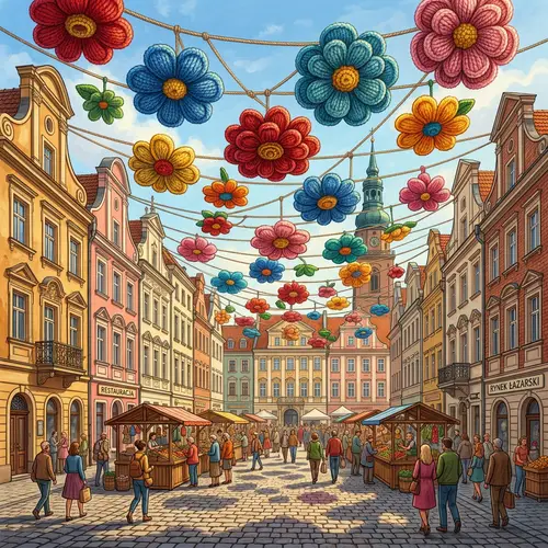 Colorful Knitted Flowers at Rynek Lazarski, Poznan