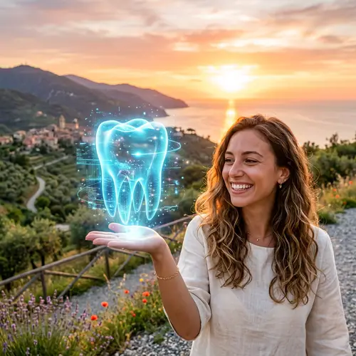 Smiling Girl with Dental Hologram in Beautiful Landscape