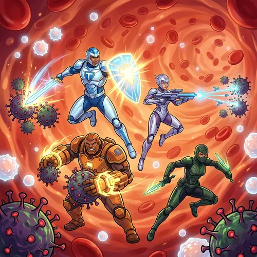 Immune System Superheroes Battling HIV Virus in Bloodstream