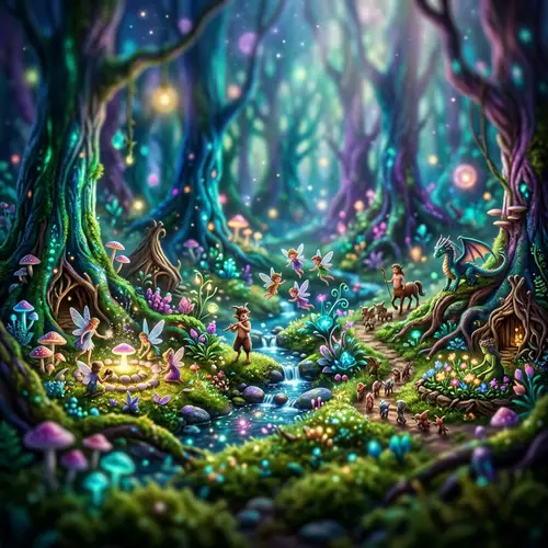 Mystical Forest and Magical Creatures in Vibrant Colors