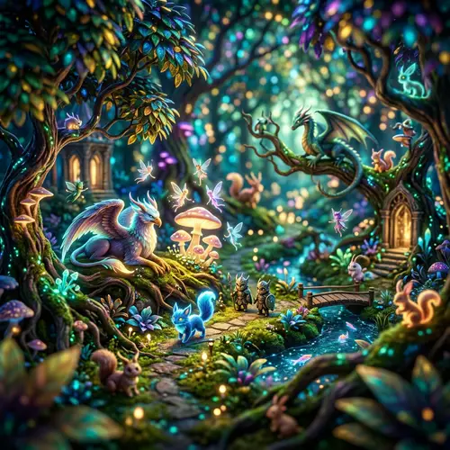 Mystical Forest with Magical Creatures | Vibrant Colors & Glowing Light