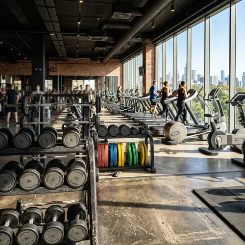Modern Gym Interior with Sunlit Cardio Equipment and Weight Rack